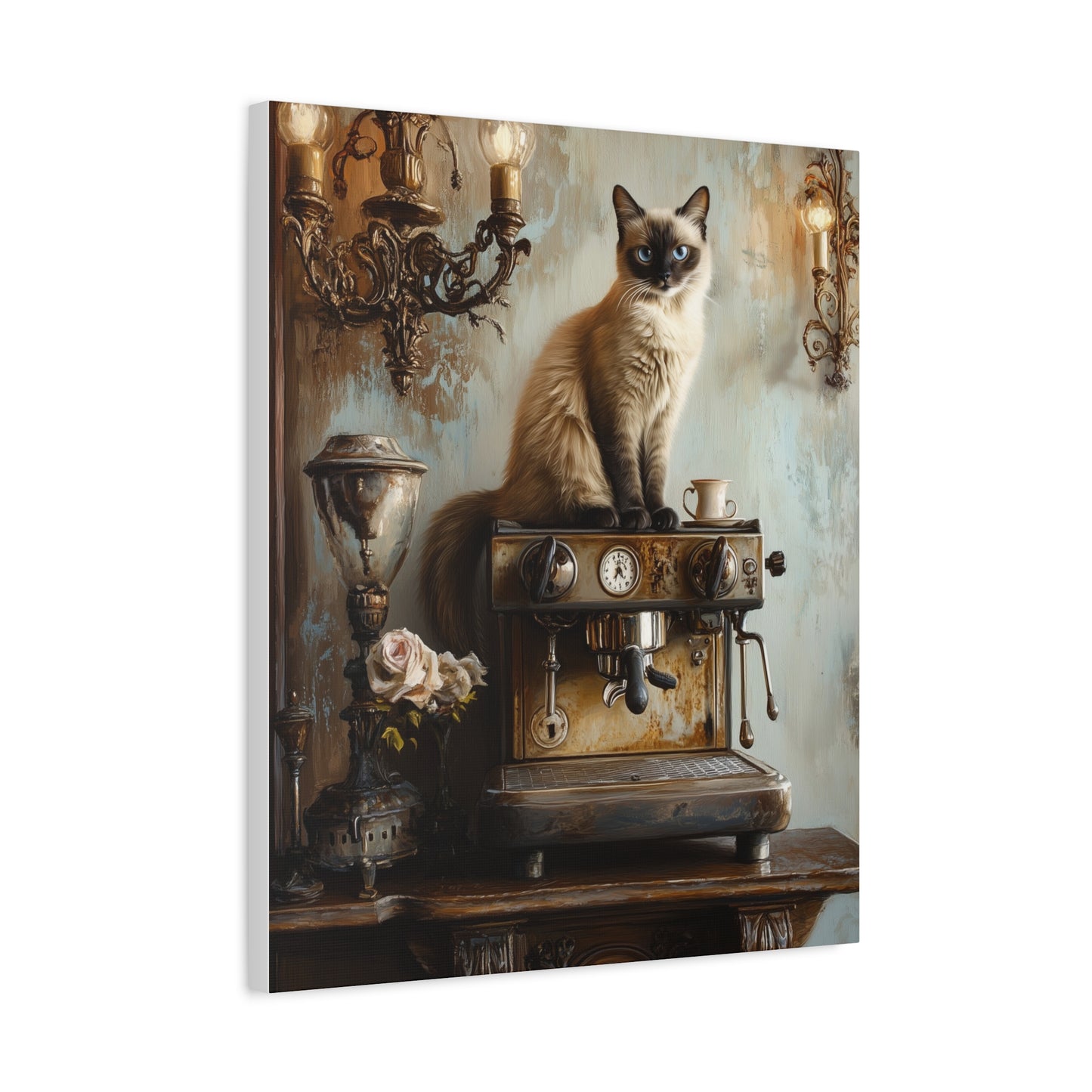 Siamese Cat on Espresso Machine: "Café Contessa" | Matte Canvas Print, Stretched, 1.25 | Cafe Companions Edition™