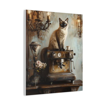 Siamese Cat on Espresso Machine: "Café Contessa" | Matte Canvas Print, Stretched, 1.25 | Cafe Companions Edition™