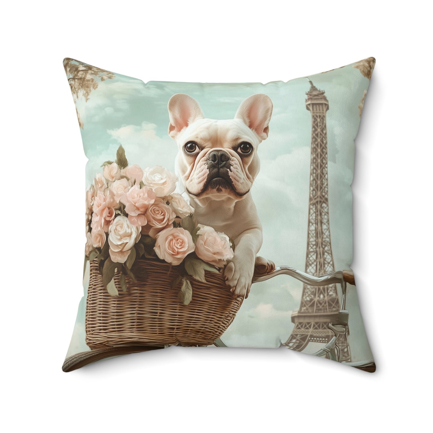 French Bulldog in Paris: "Paws and Petals" | Spun Polyester Square Pillow | Puppy Love Edition™