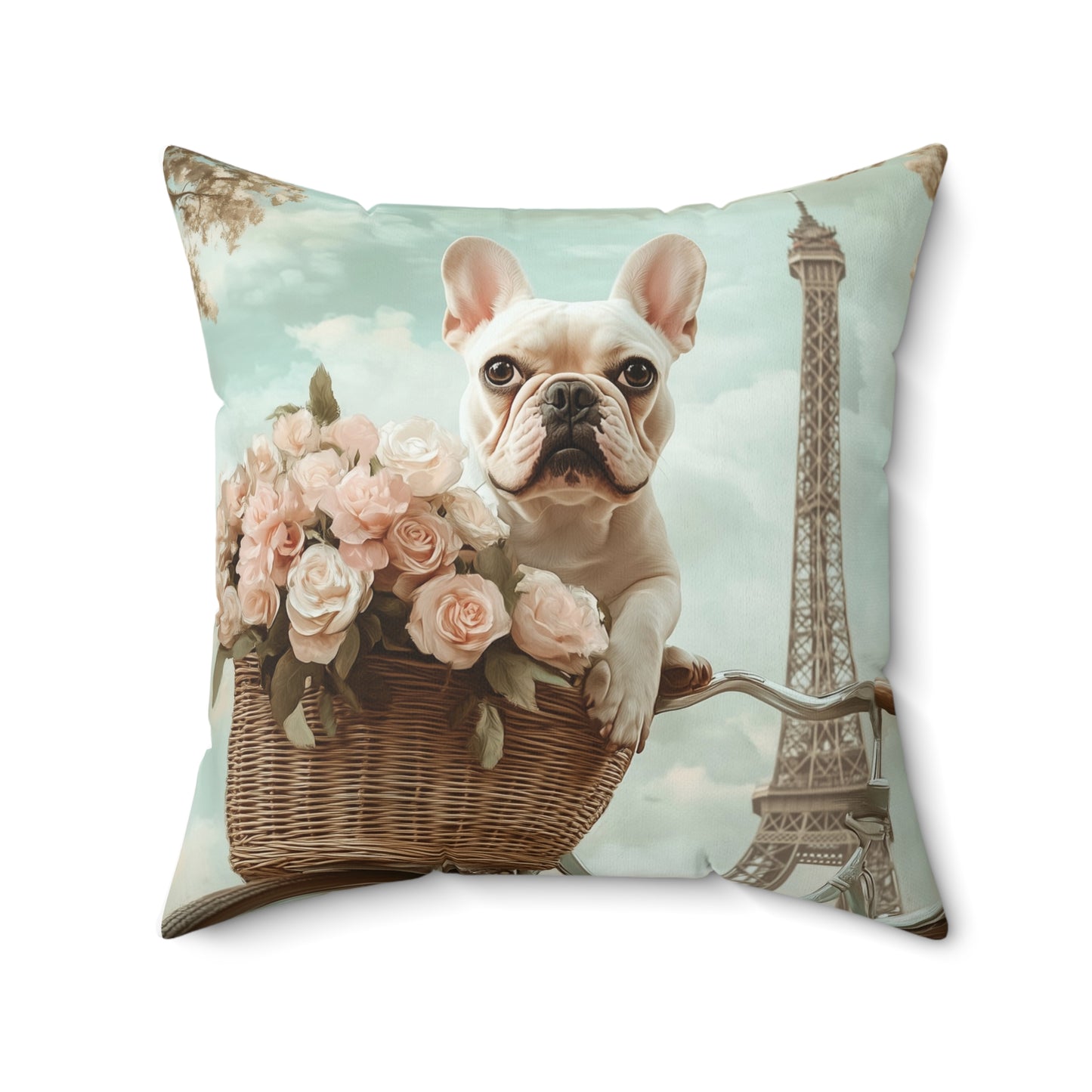 French Bulldog in Paris: "Paws and Petals" | Spun Polyester Square Pillow | Puppy Love Edition™