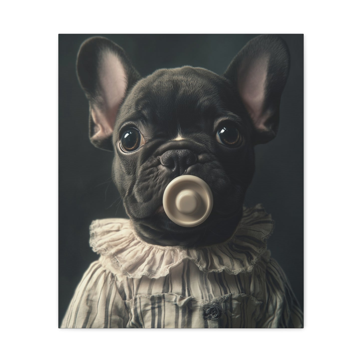 French Bulldog in Striped Baby Gown: "Vintage Cherub" | Matte Canvas Print, Stretched, 1.25 | Puppy Love Edition™