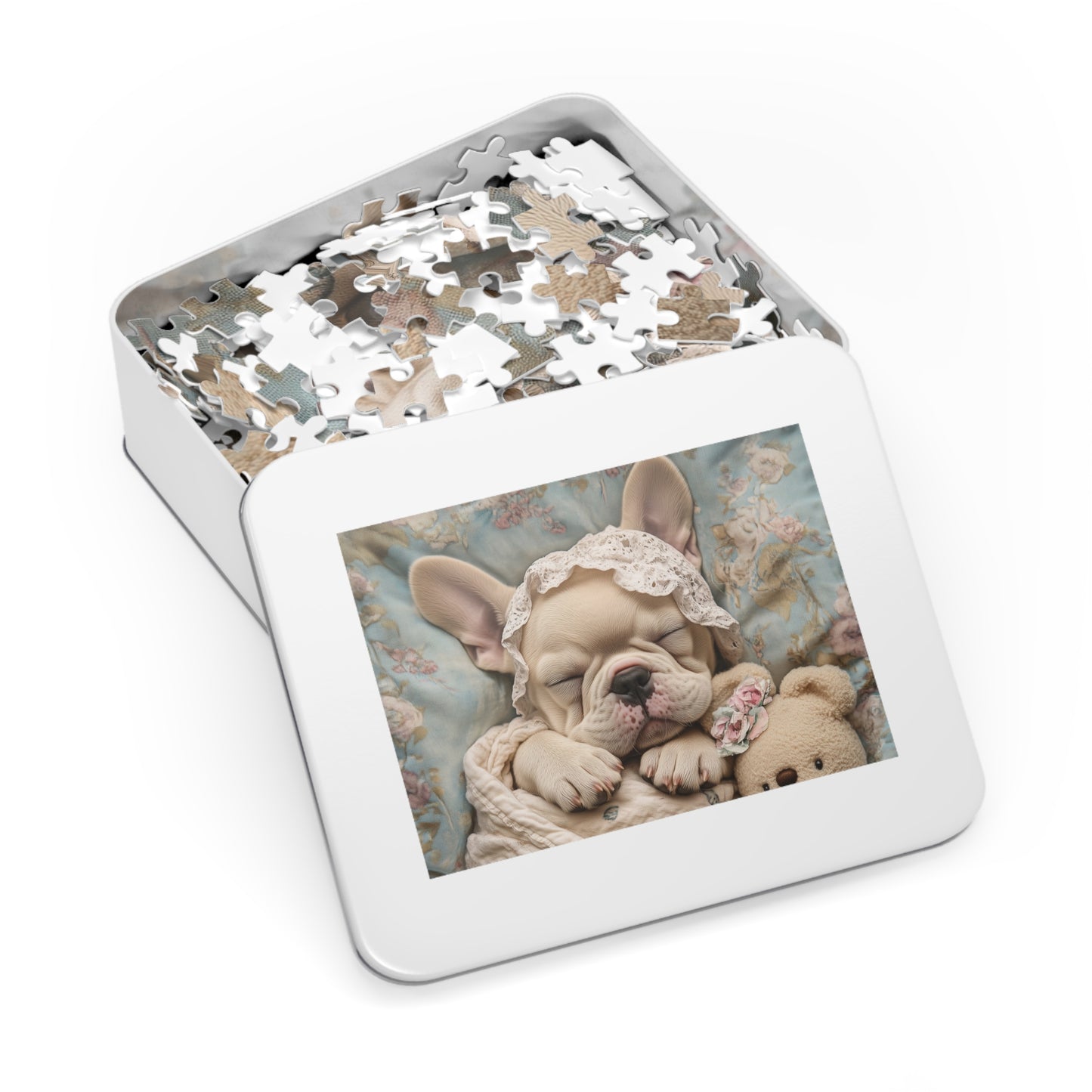 French Bulldog in Baby Bonnet: "Dreamy Slumber" | Jigsaw Puzzle with Tin | Puppy Love Edition™