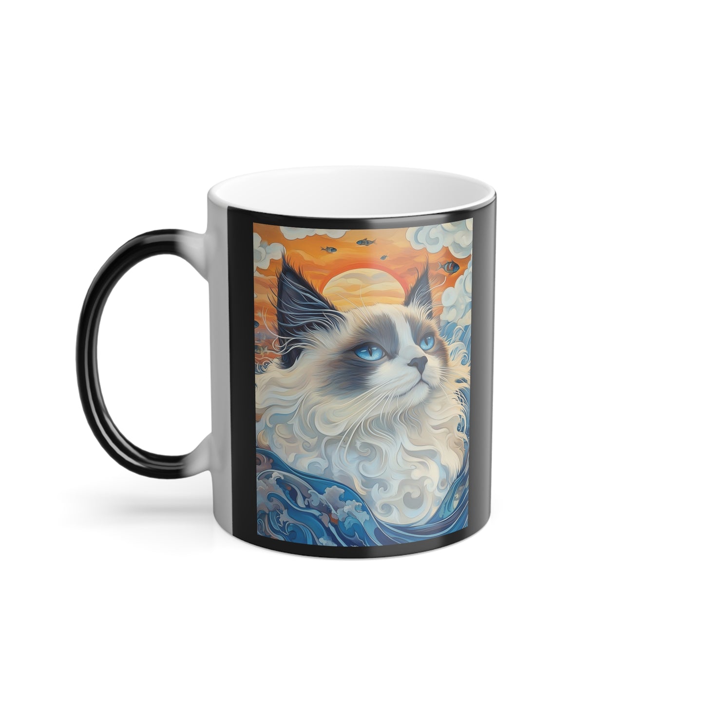 Ragdoll Cat Among Waves: "Oceanic Grace in Fur." | Color Morphing Coffee Mug, 11oz | Feline Edition™