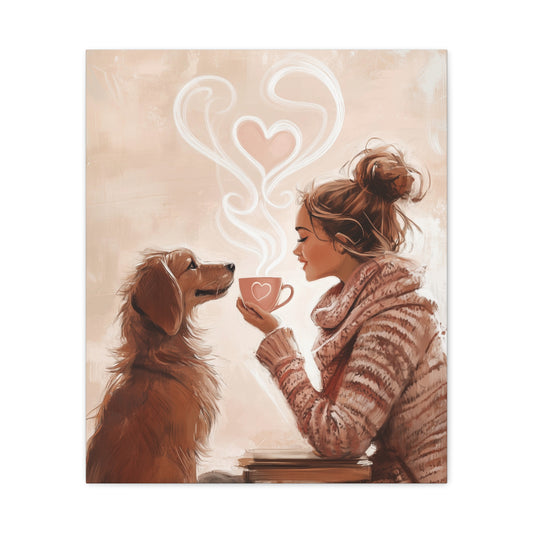 Golden Dog Sharing Coffee with a Woman: "Sip and Soulmate" | Matte Canvas Print, Stretched, 1.25 | Bliss Edition™