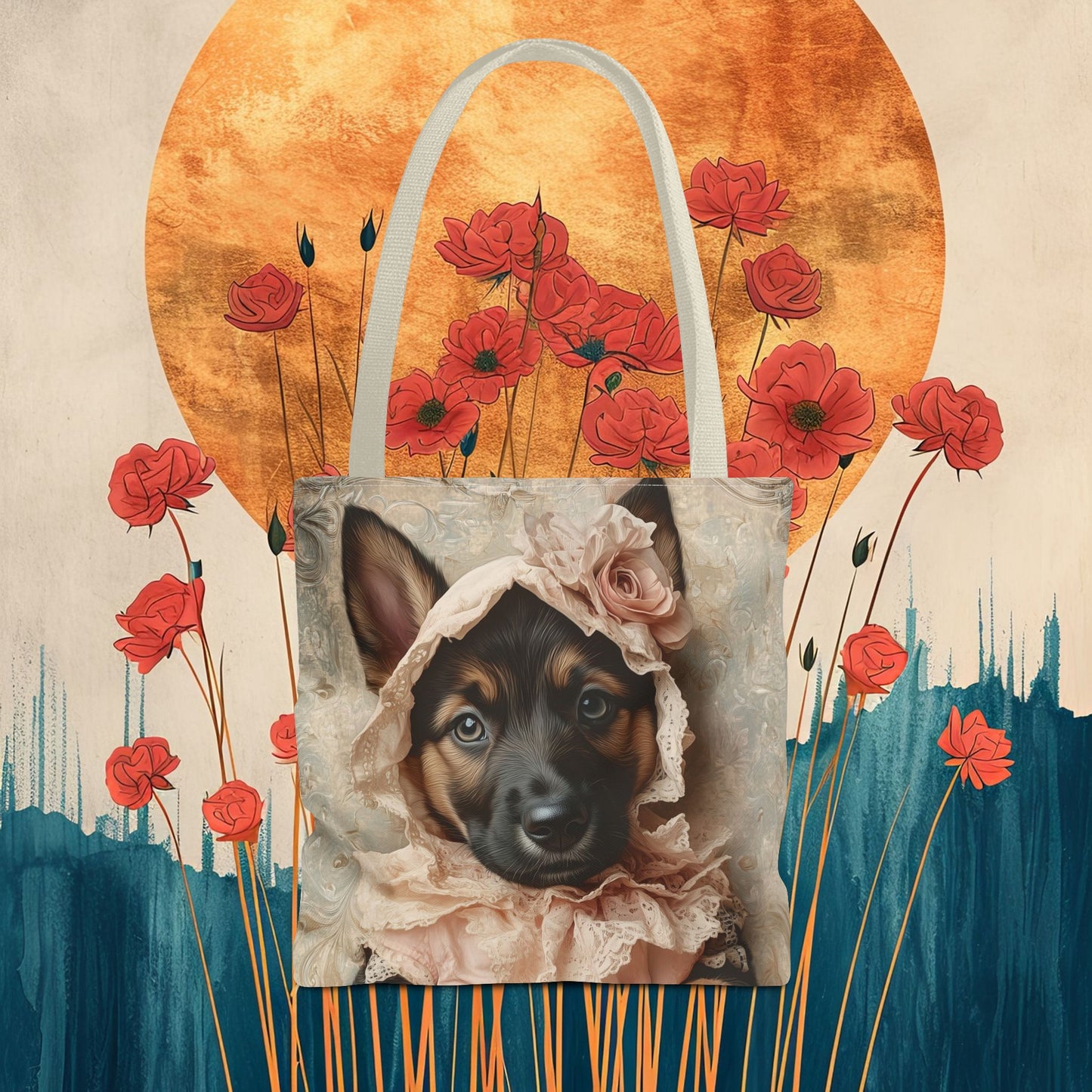 German Shepherd in Lace Bonnet: "Pastoral Guardian" | Tote Bag (AOP) | Puppy Love Edition™