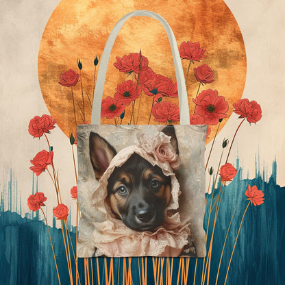 German Shepherd in Lace Bonnet: "Pastoral Guardian" | Tote Bag (AOP) | Puppy Love Edition™