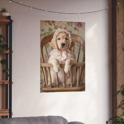 Golden Retriever in Floral Lace Bonnet: "Innocence Captured" | Matte Vertical Posters | Puppy Love Edition™