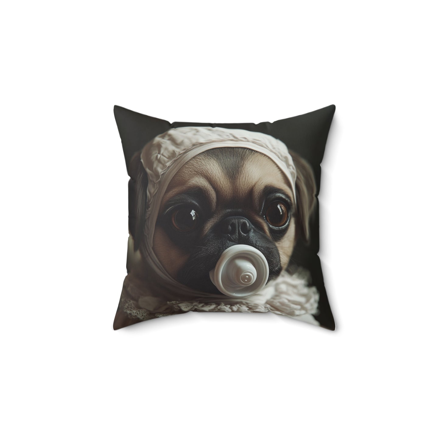 Pug in Ivory Bonnet: "Timeless Innocence" | Spun Polyester Square Pillow | Puppy Love Edition™