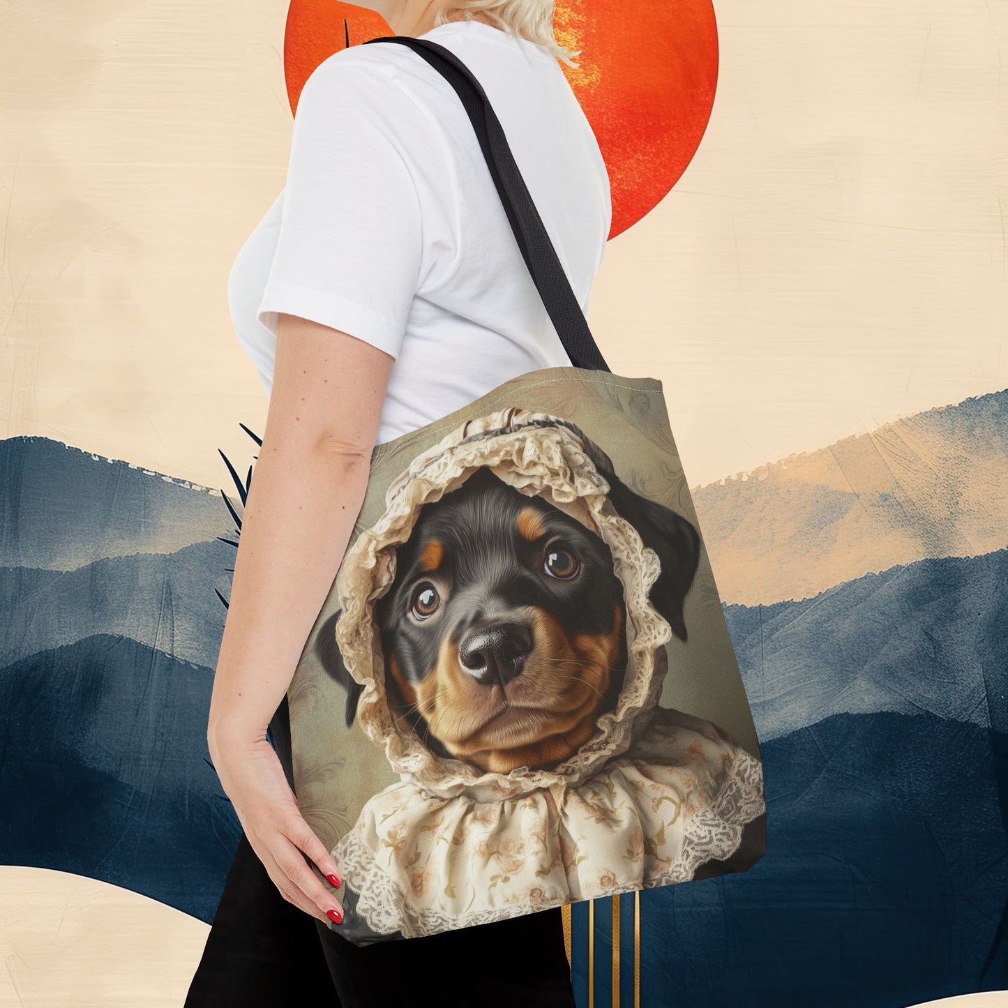 Rottweiler in Lace Bonnet: "The Tender Guardian" | Tote Bag (AOP) | Puppy Love Edition™