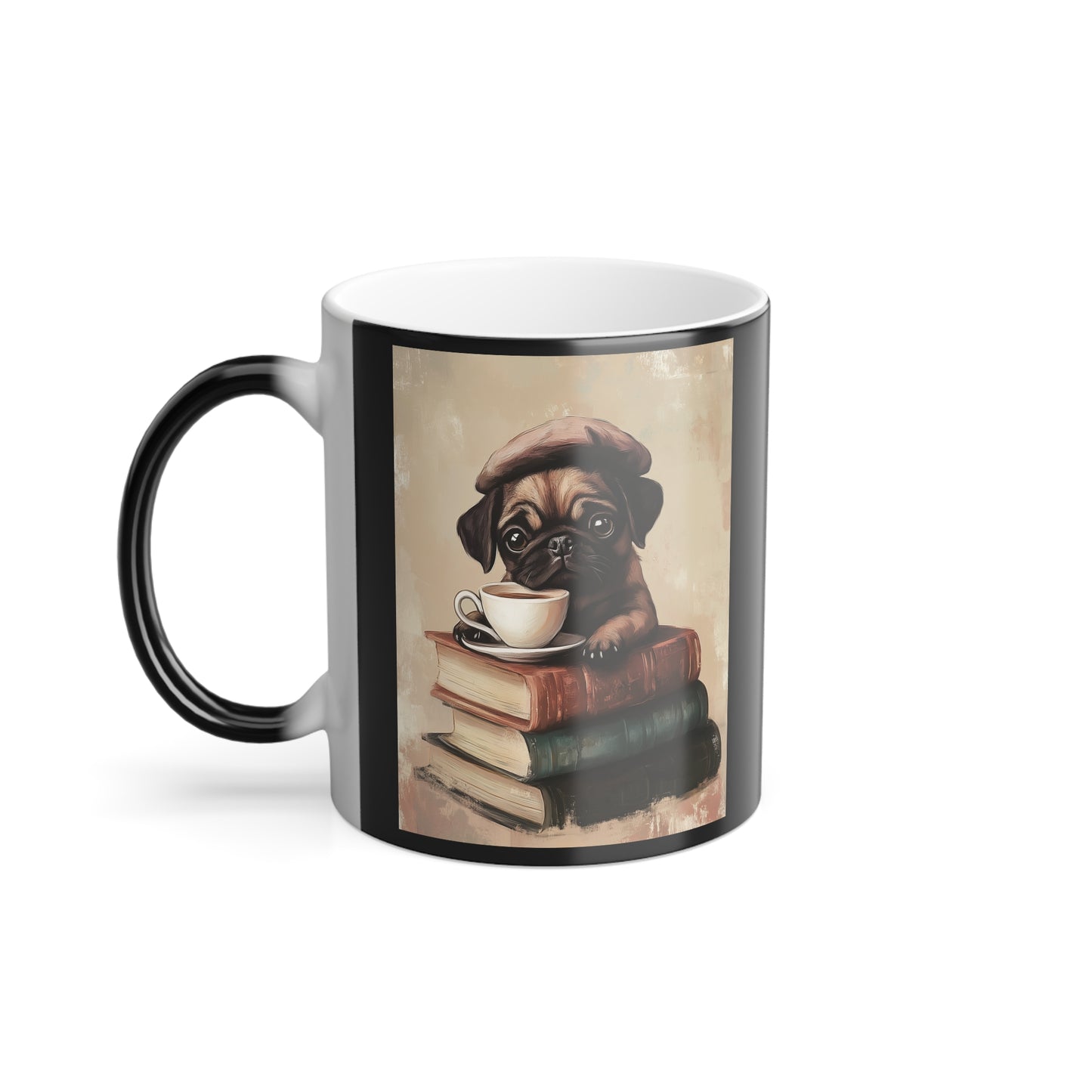 Pug with Books: "Parisian Pug Pause" | Color Morphing Coffee Mug, 11oz | Bliss Edition™