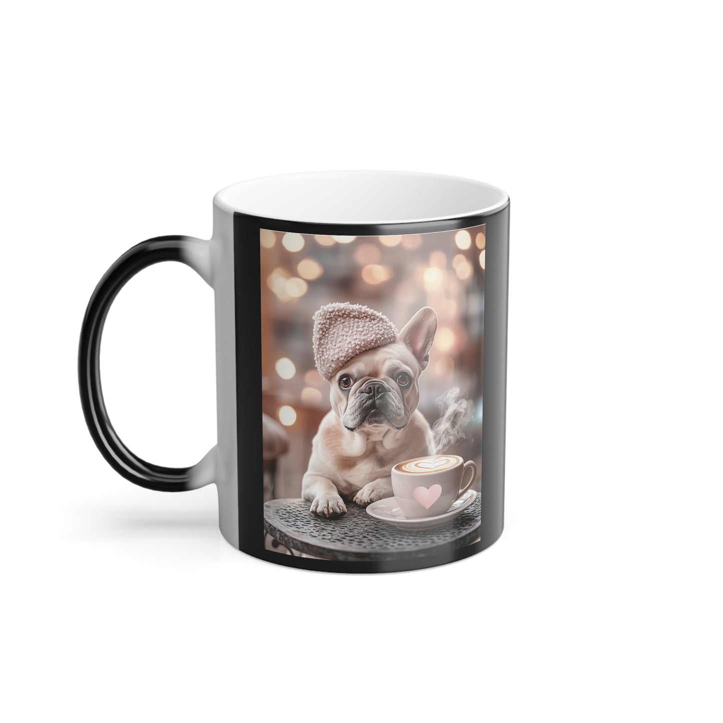 French Bulldog in Pink Beret: "Café Companion" | Color Morphing Coffee Mug, 11oz | Cafe Companion Edition™