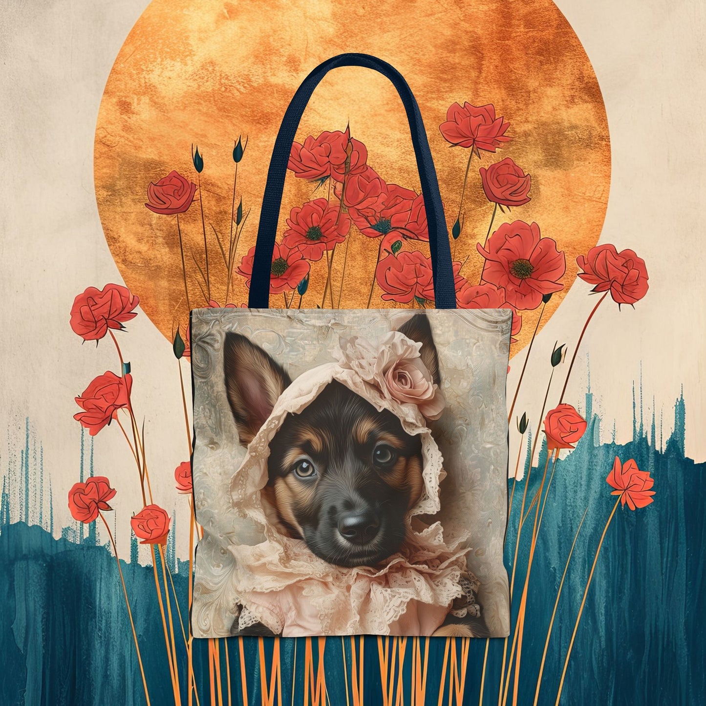 German Shepherd in Lace Bonnet: "Pastoral Guardian" | Tote Bag (AOP) | Puppy Love Edition™