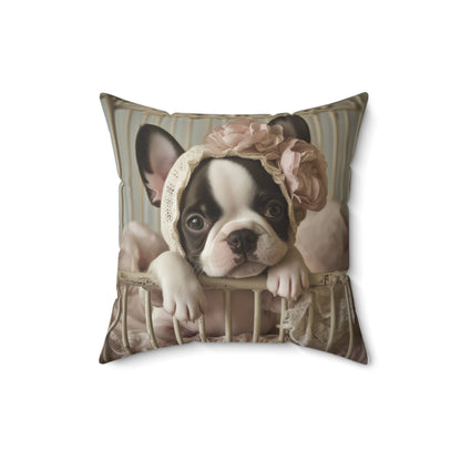 French Bulldog in Lace Bonnet: "Victorian Charm" | Spun Polyester Square Pillow | Puppy Love Edition™