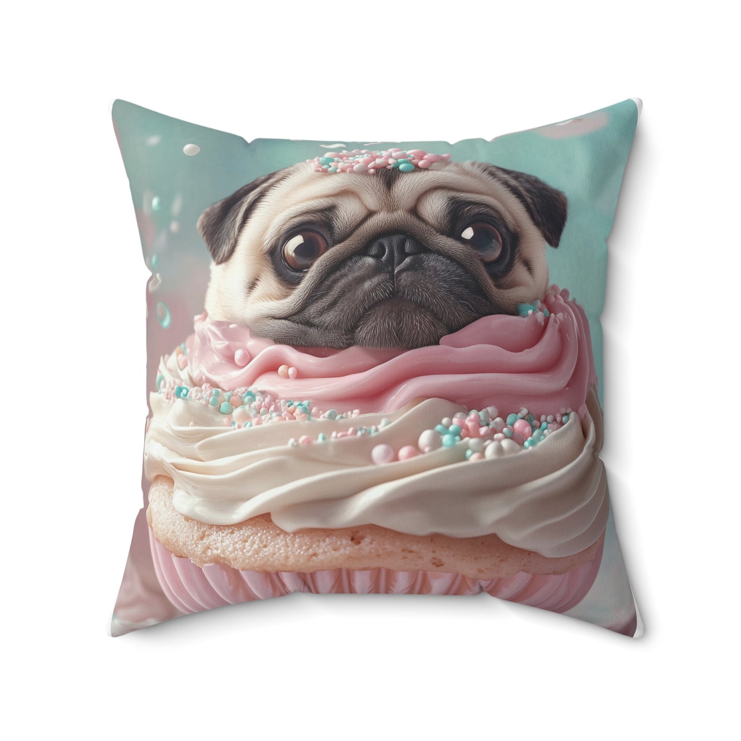 Pug as a Cupcake: "Frosted Friend" | Spun Polyester Square Pillow | Puppy Love Edition™