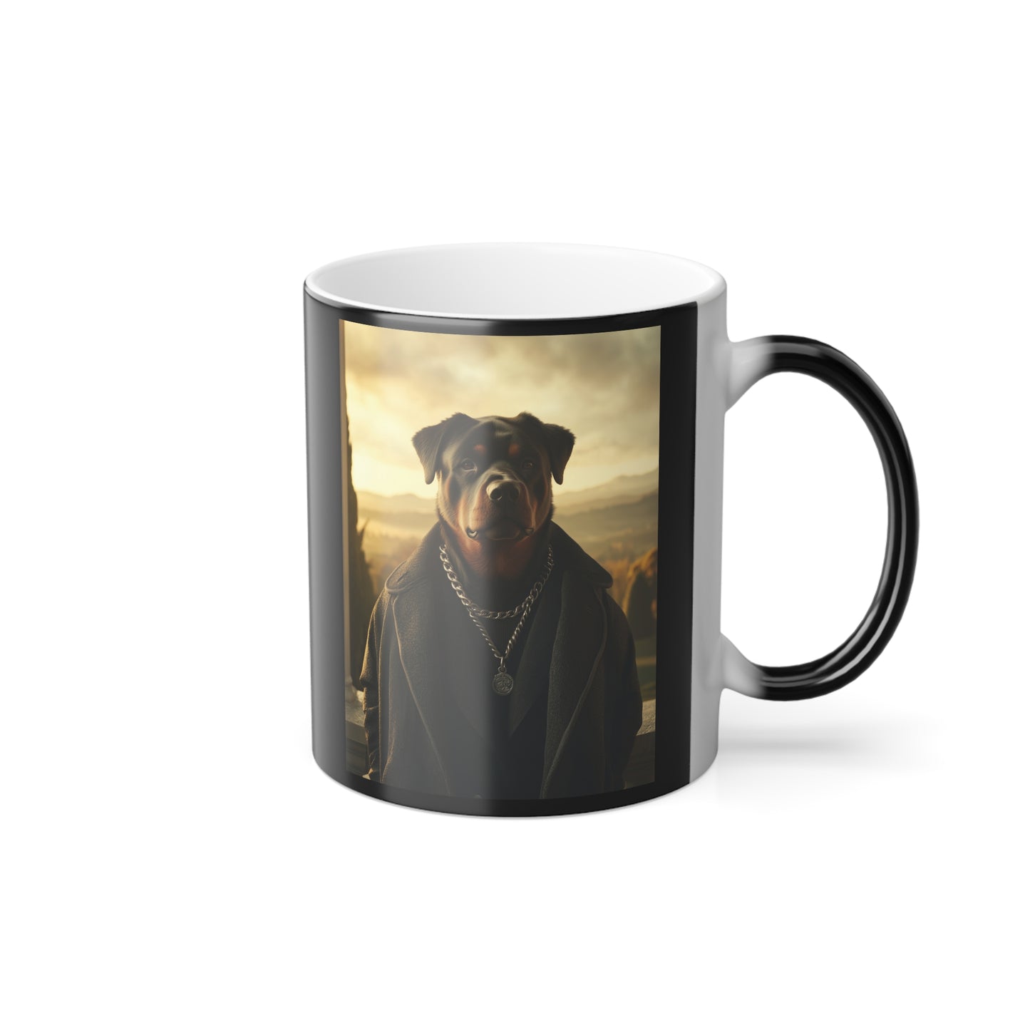 Rottweiler in Regal Eveningwear: "The Sunset Sentinel" | Color Morphing Coffee Mug, 11oz | Pawgue Chic Edition™