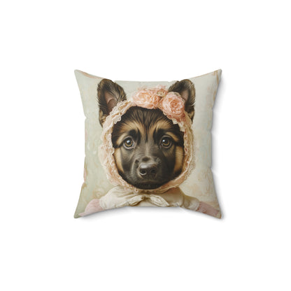 German Shepherd in Lace Bonnet: "Pastoral Guardian" | Spun Polyester Square Pillow | Puppy Love Edition™