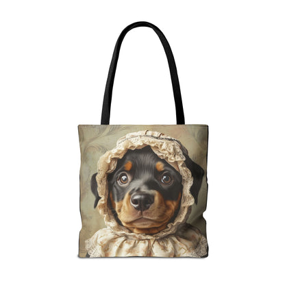 Rottweiler in Lace Bonnet: "The Tender Guardian" | Tote Bag (AOP) | Puppy Love Edition™