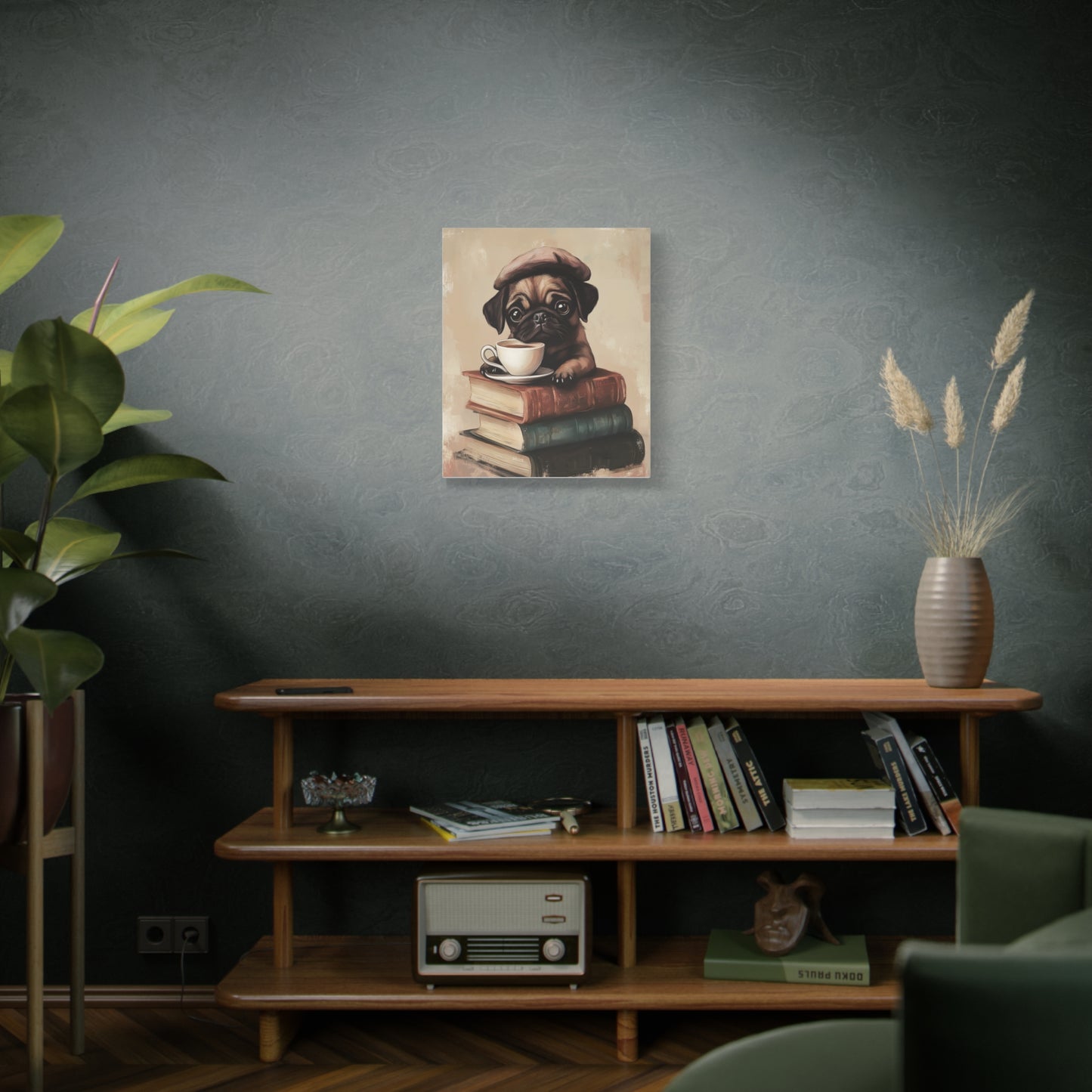 Pug with Books: "Parisian Pug Pause" | Matte Canvas Print, Stretched, 1.25 | Bliss Edition™