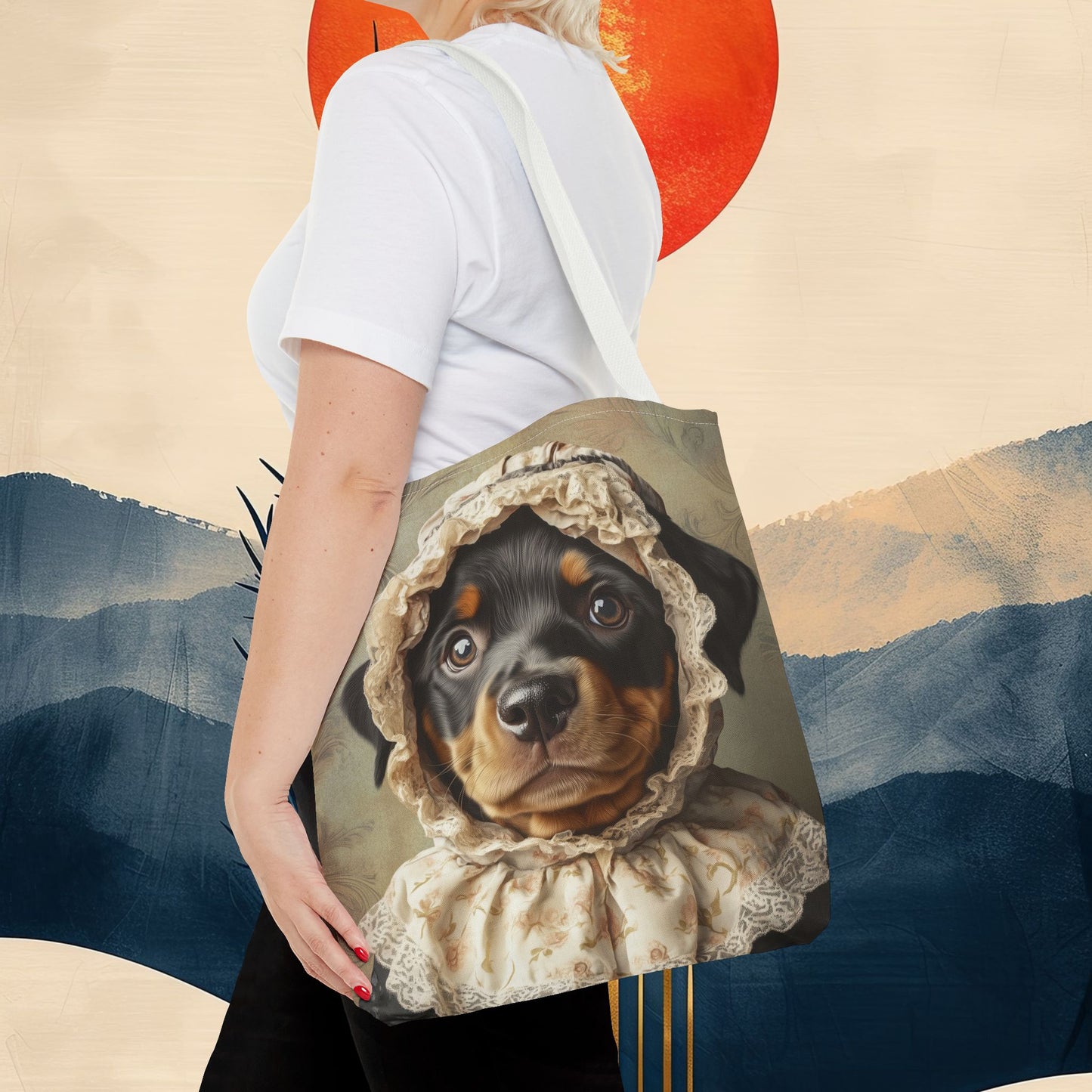 Rottweiler in Lace Bonnet: "The Tender Guardian" | Tote Bag (AOP) | Puppy Love Edition™