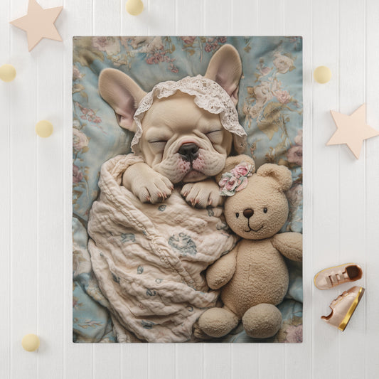 French Bulldog in Baby Bonnet: "Dreamy Slumber" | Soft Fleece Baby Blanket | Puppy Love Edition™