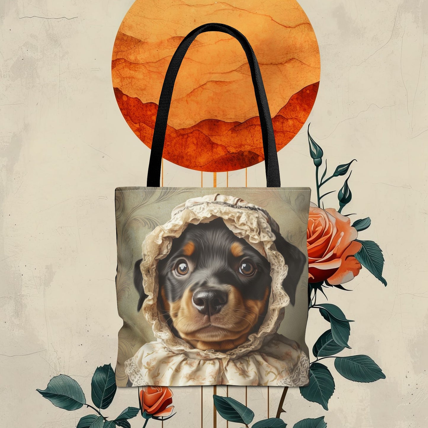 Rottweiler in Lace Bonnet: "The Tender Guardian" | Tote Bag (AOP) | Puppy Love Edition™