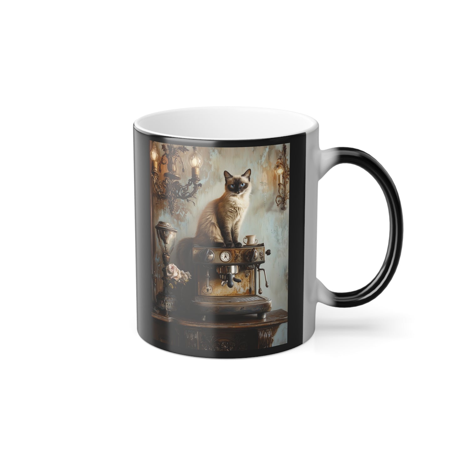 Siamese Cat on Espresso Machine: "Café Contessa" | Color Morphing Coffee Mug, 11oz | Bliss Edition™