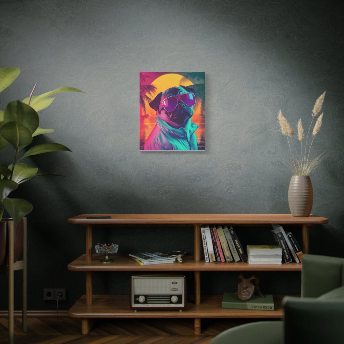 Pug in Neon Sunset: "Retro Ruff Royalty." | Matte Canvas Print, Stretched, 1.25 | Retro Edition™