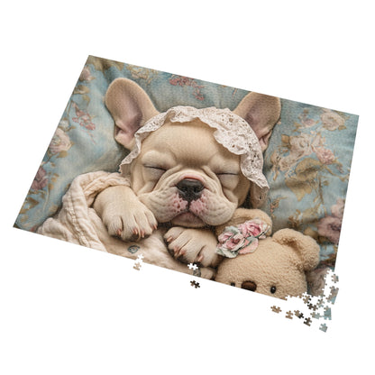 French Bulldog in Baby Bonnet: "Dreamy Slumber" | Jigsaw Puzzle with Tin | Puppy Love Edition™