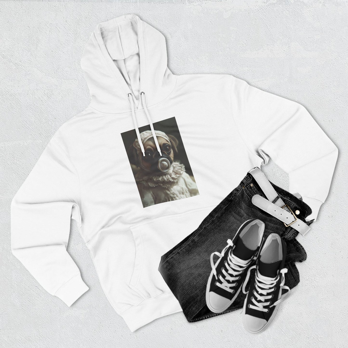 Pug in Ivory Bonnet: "Timeless Innocence" | Hoodie | Puppy Love Edition™