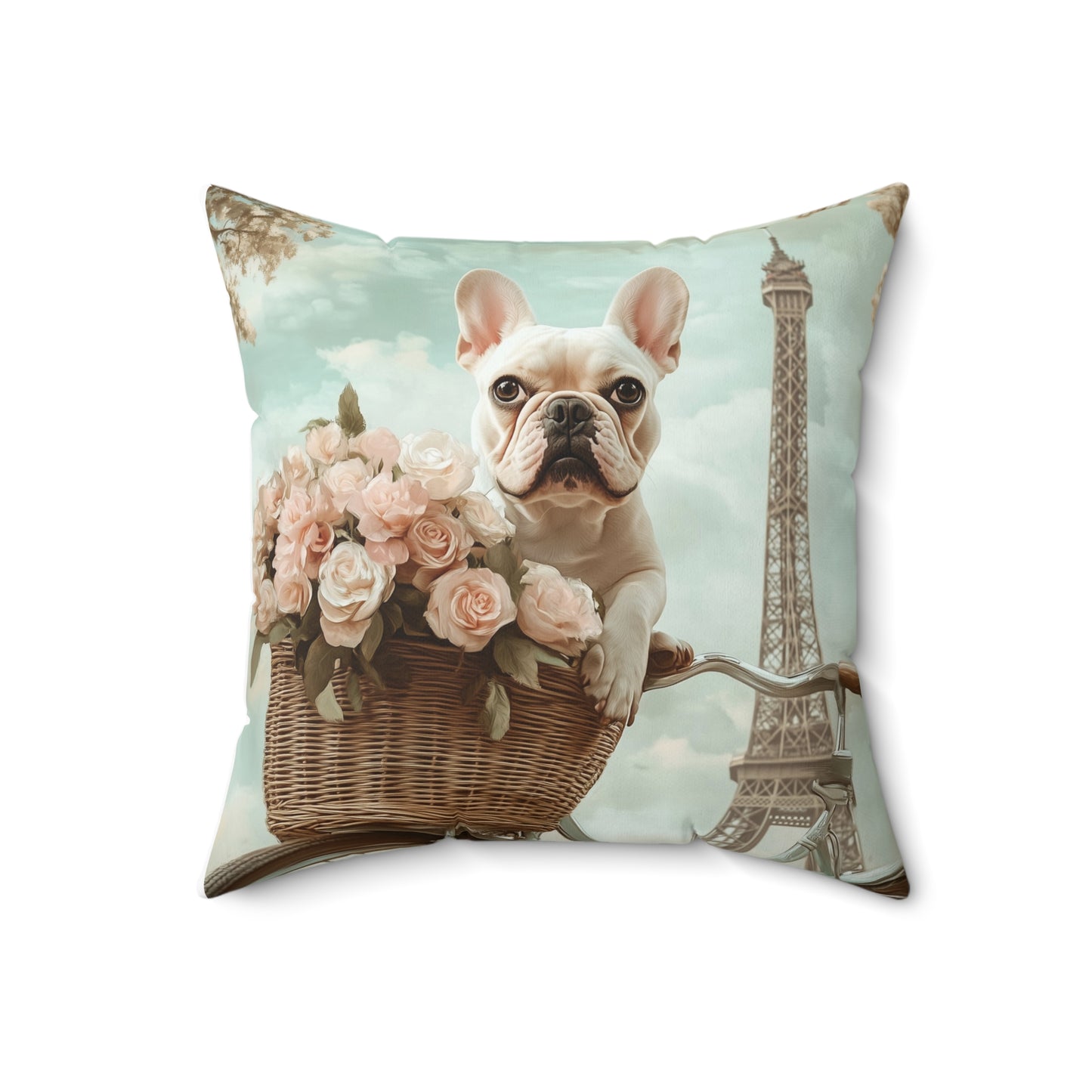 French Bulldog in Paris: "Paws and Petals" | Spun Polyester Square Pillow | Puppy Love Edition™