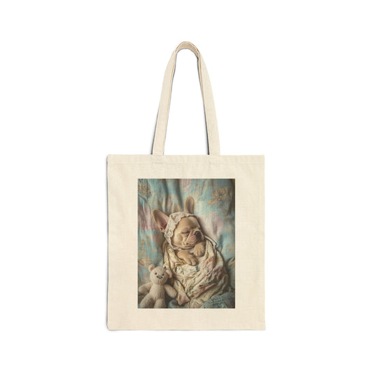 French Bulldog with Teddy Bear: "Lace and Cuddles" | Canvas Tote Bag | Puppy Love Edition™