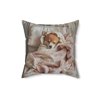 Corgi Swaddled: "Dreamy Nap" | Spun Polyester Square Pillow | Puppy Love Edition™