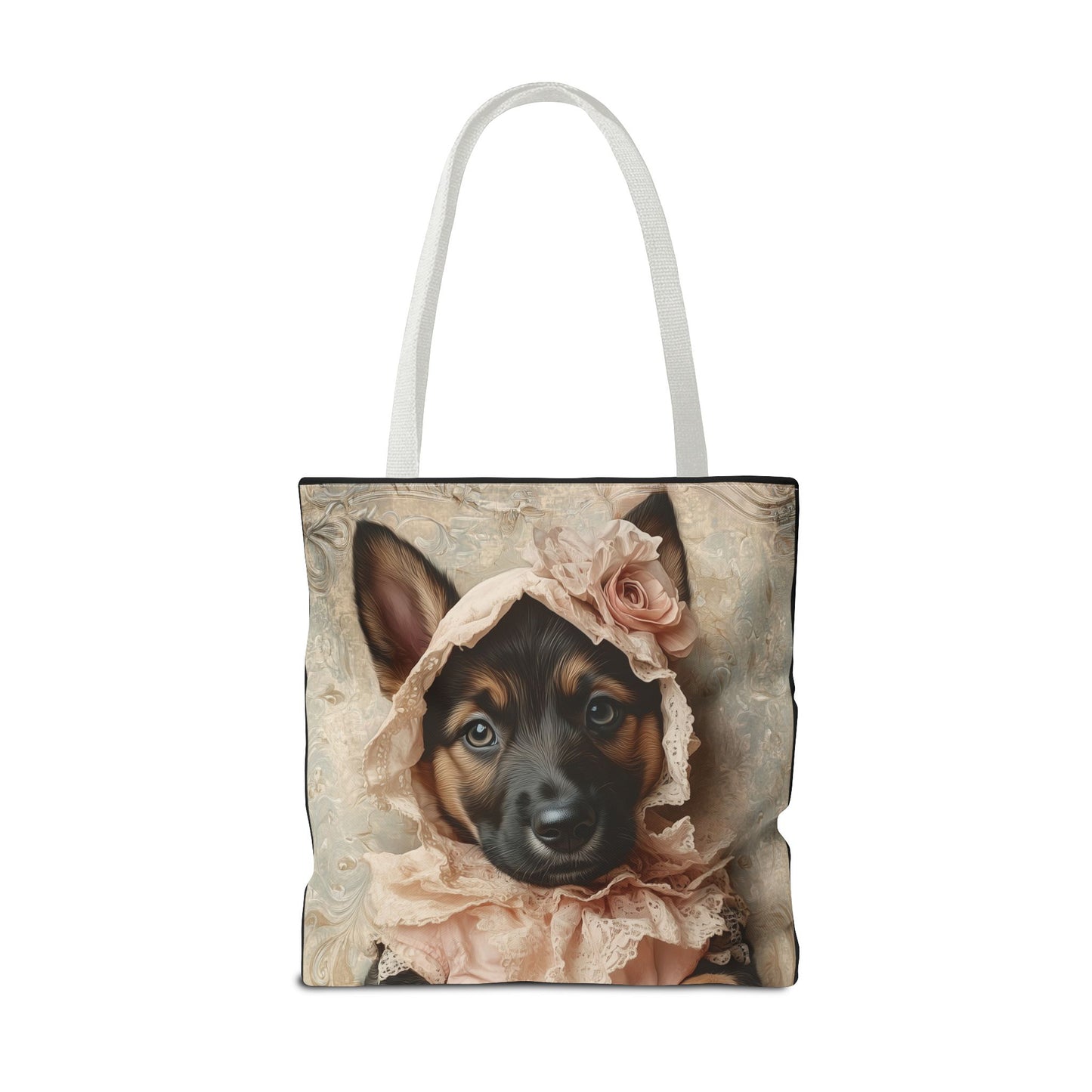 German Shepherd in Lace Bonnet: "Pastoral Guardian" | Tote Bag (AOP) | Puppy Love Edition™