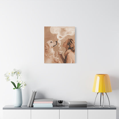 Golden Dog and Coffee: "Warm Paws, Warm Hearts" | Matte Canvas Print, Stretched, 1.25 | Java Joy Edition™