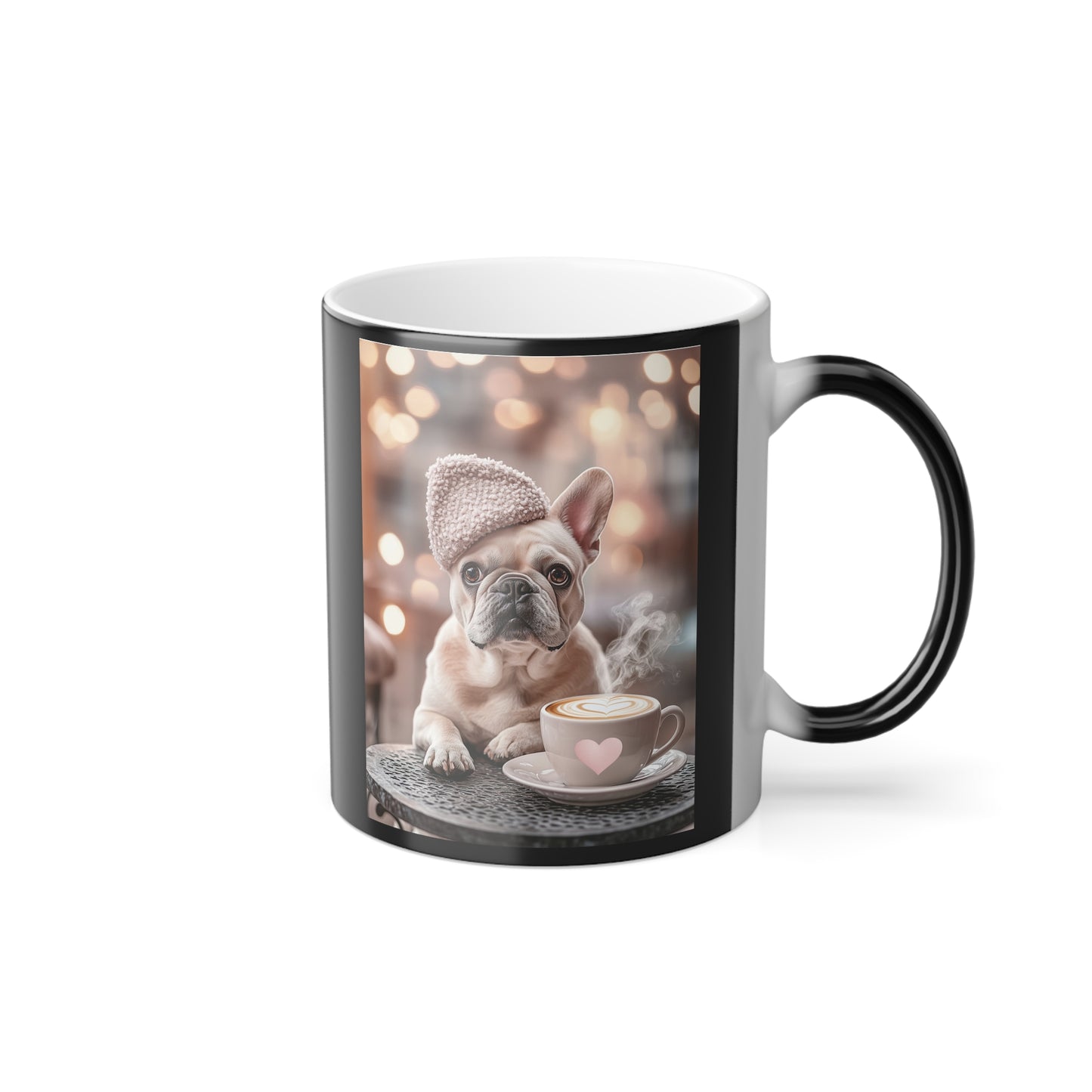 French Bulldog in Pink Beret: "Café Companion" | Color Morphing Coffee Mug, 11oz | Cafe Companion Edition™