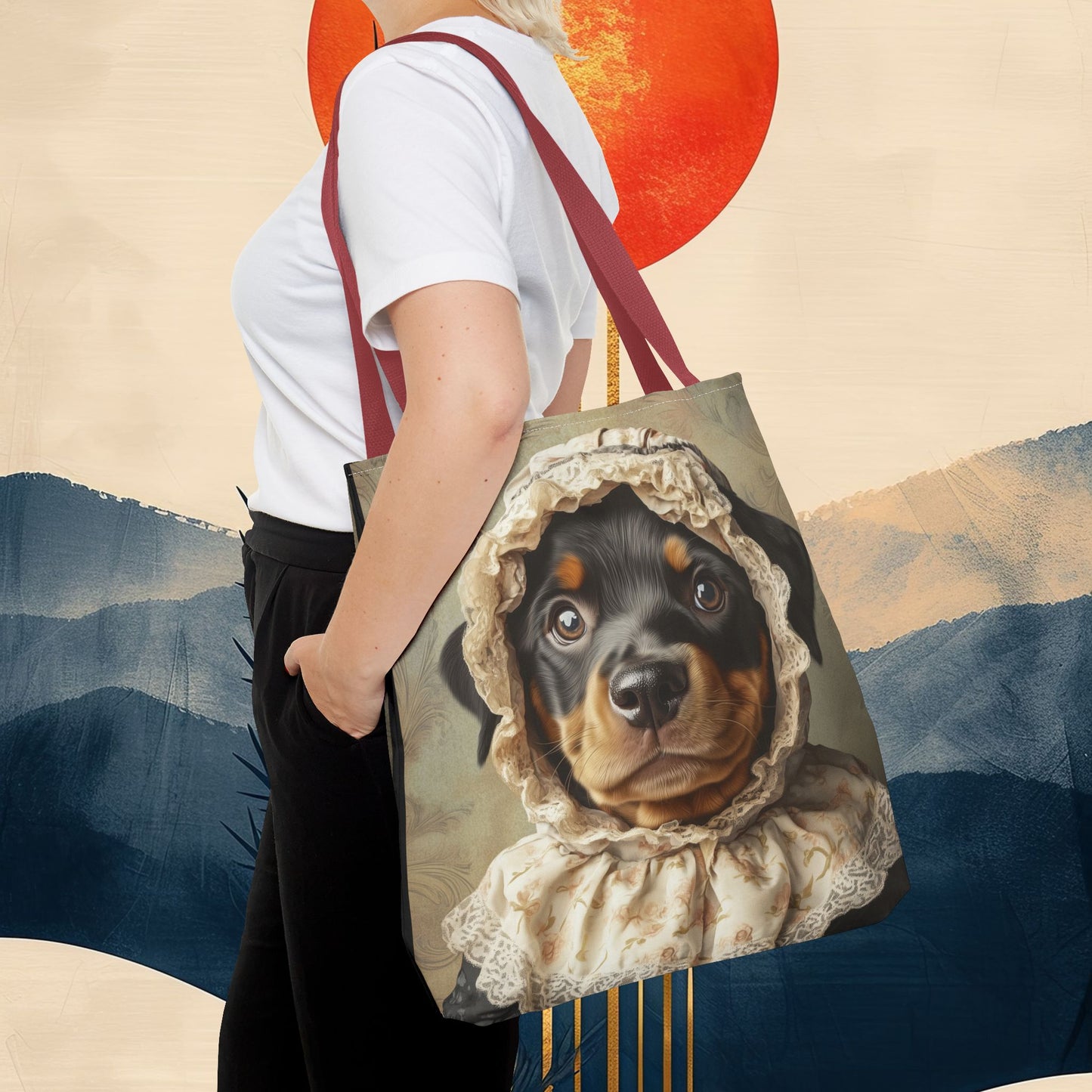 Rottweiler in Lace Bonnet: "The Tender Guardian" | Tote Bag (AOP) | Puppy Love Edition™