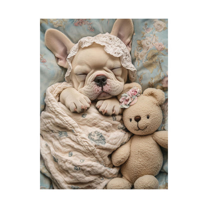 French Bulldog in Floral Blanket with Teddy Bear: "Dreamy Snuggles" | Matte Vertical Posters | Puppy Love Edition™