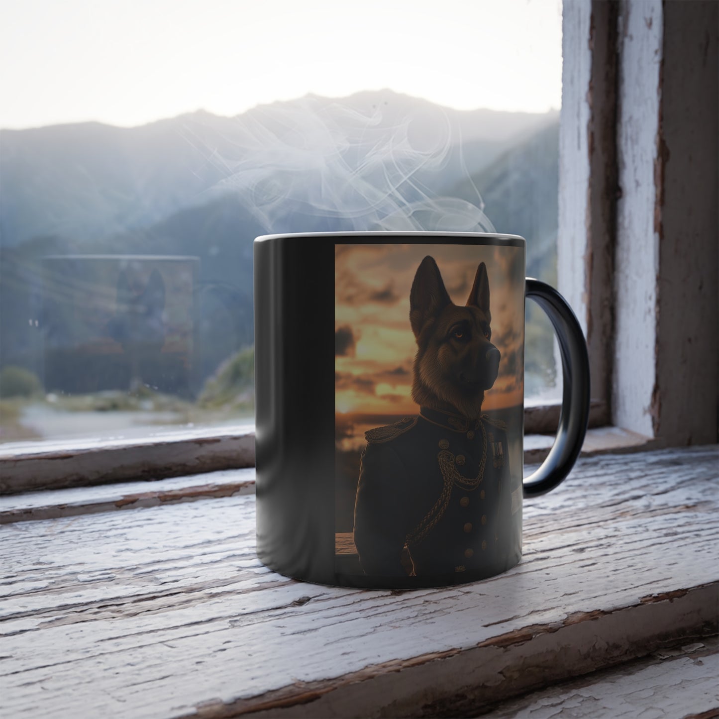 German Shepherd in Military Regalia: "The Noble Sentinel" | Color Morphing Coffee Mug, 11oz | Pawgue Chic Edition™