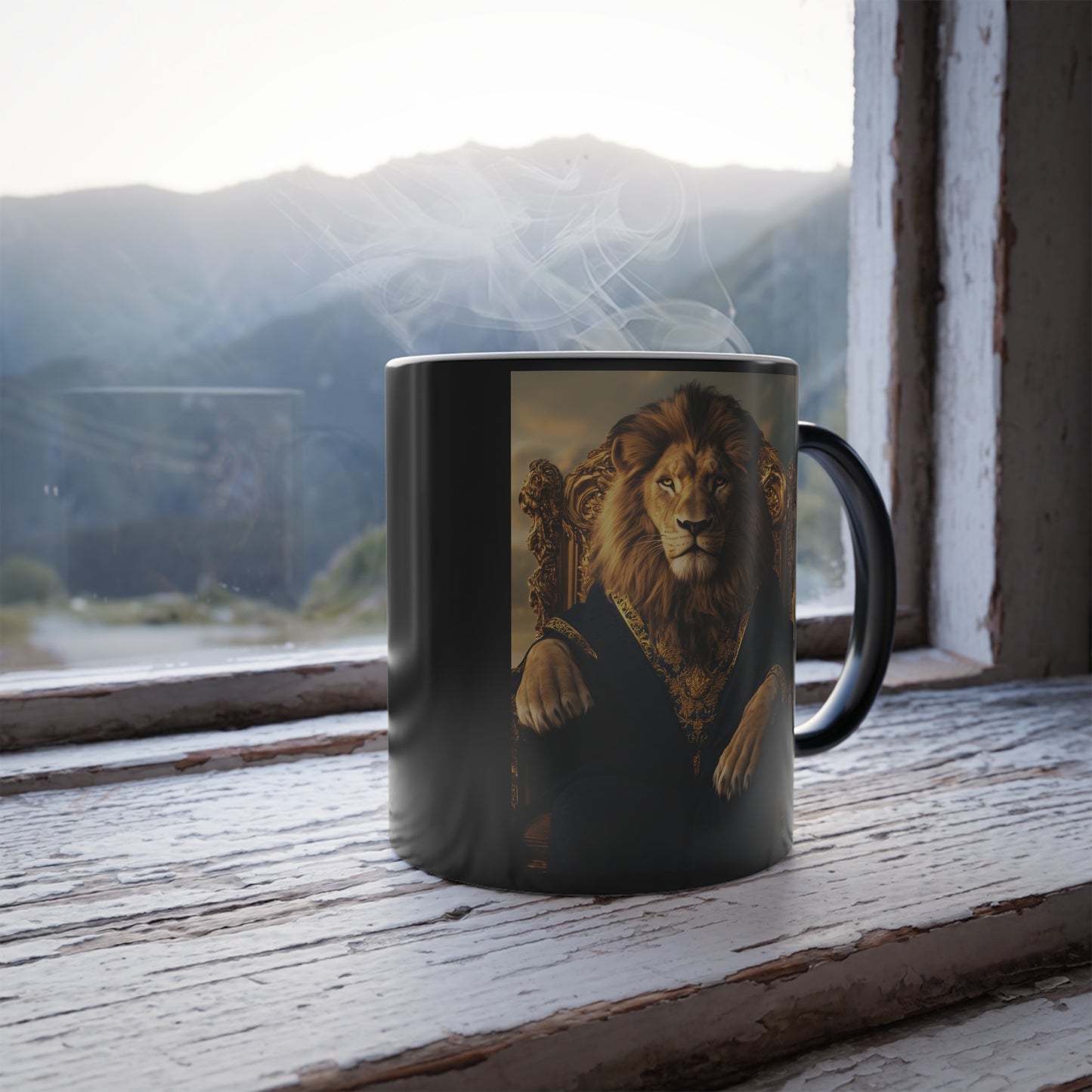 Lion on a Gilded Throne: "The Majestic Monarch" | Color Morphing Coffee Mug, 11oz | Pawgue Chic Edition™