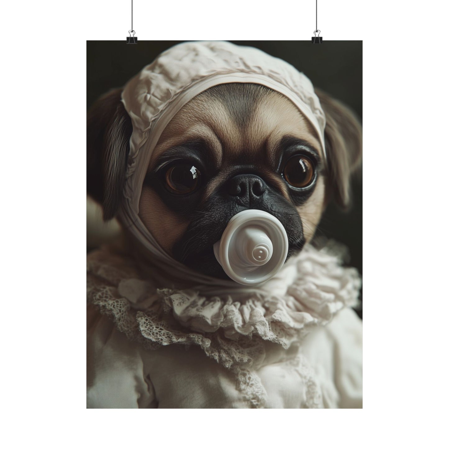 Pug in Ivory Bonnet: "Timeless Innocence" | Matte Vertical Posters | Puppy Love Edition™