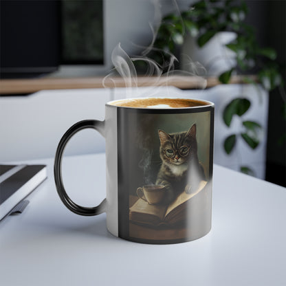 Tabby Cat with Open Book: "Scholarly Whiskers" | Color Morphing Coffee Mug, 11oz | Bliss Edition™