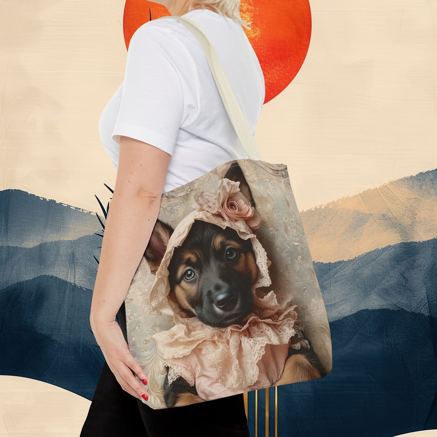 German Shepherd in Lace Bonnet: "Pastoral Guardian" | Tote Bag (AOP) | Puppy Love Edition™