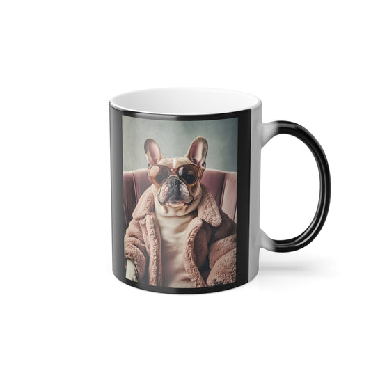 French Bulldog in Pink Coat: "Chic Canine Sophistication." | Color Morphing Coffee Mug, 11oz | Pawgue Chic Edition™