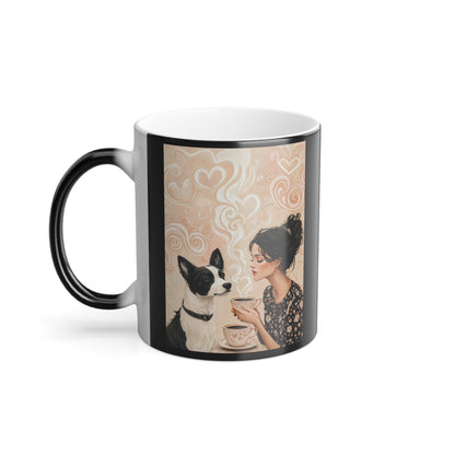 Black and White Dog Sharing Coffee: "Heart-to-Heart Brew" | Color Morphing Coffee Mug, 11oz | Bliss Edition™