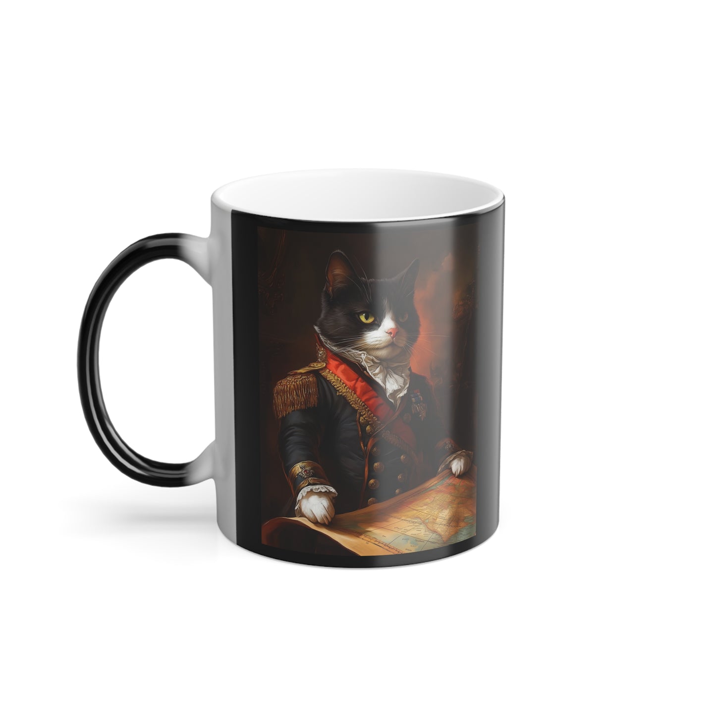 Tuxedo Cat as Napoleon: "Imperial Feline Majesty." | Color Morphing Coffee Mug, 11oz | Historical Fiction Edition™