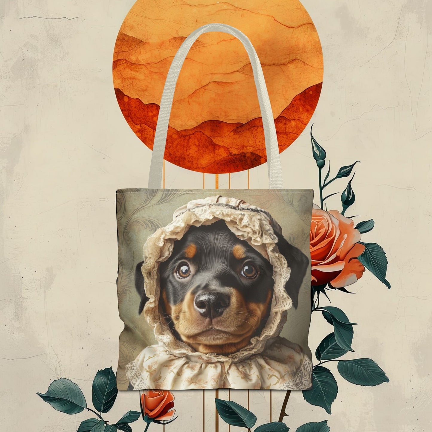 Rottweiler in Lace Bonnet: "The Tender Guardian" | Tote Bag (AOP) | Puppy Love Edition™