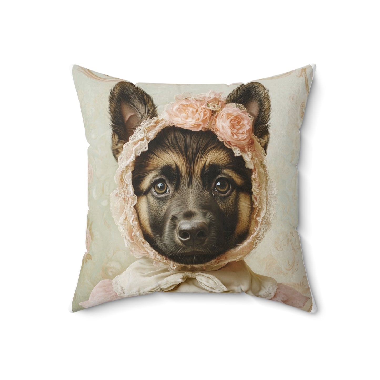 German Shepherd in Lace Bonnet: "Pastoral Guardian" | Spun Polyester Square Pillow | Puppy Love Edition™