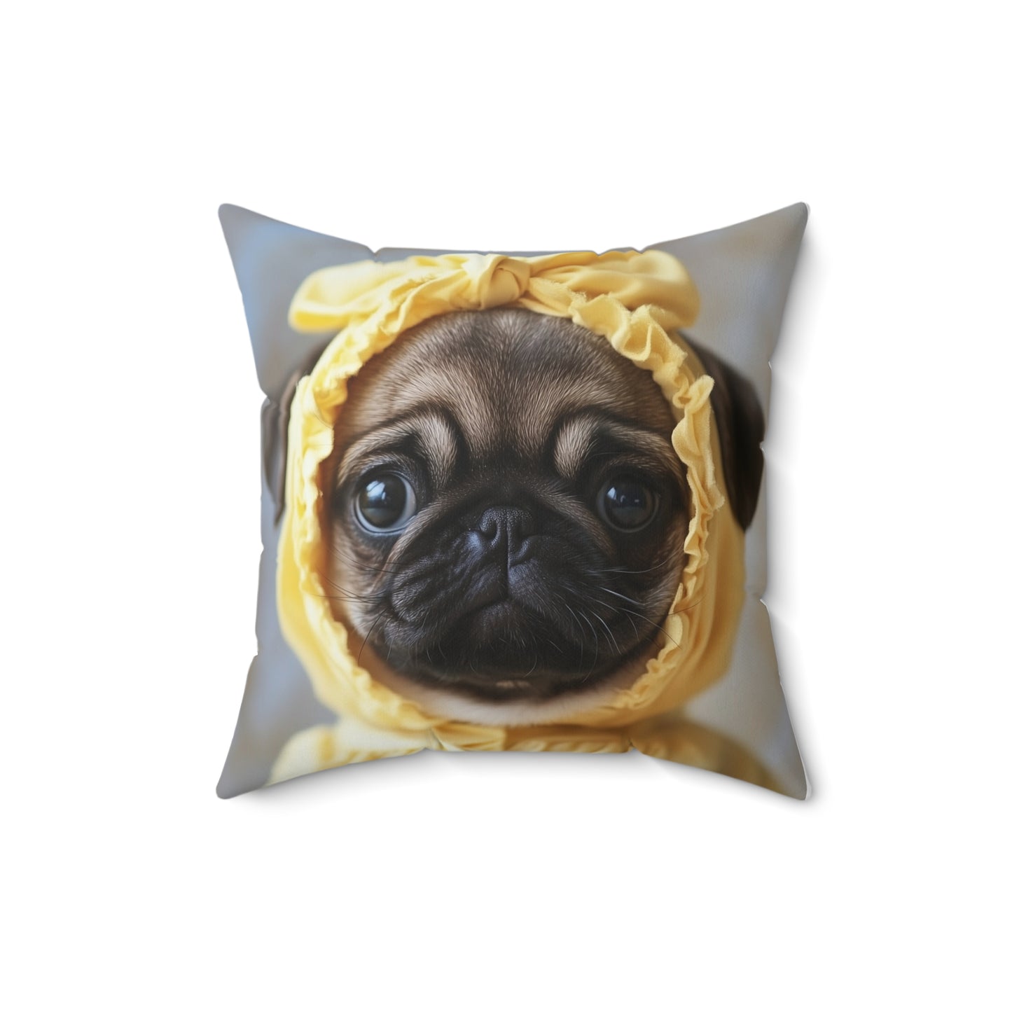 Pug in Yellow Bonnet: "The Sunshine Sweetie" | Spun Polyester Square Pillow | Puppy Love Edition™