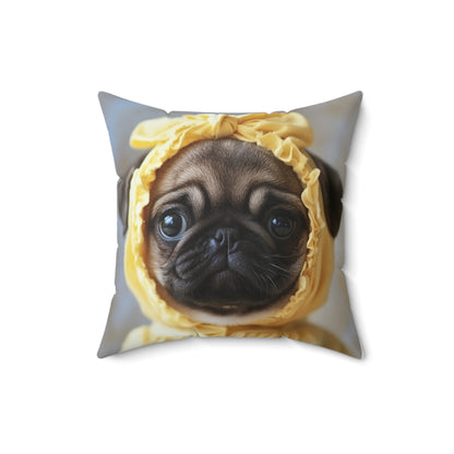 Pug in Yellow Bonnet: "The Sunshine Sweetie" | Spun Polyester Square Pillow | Puppy Love Edition™