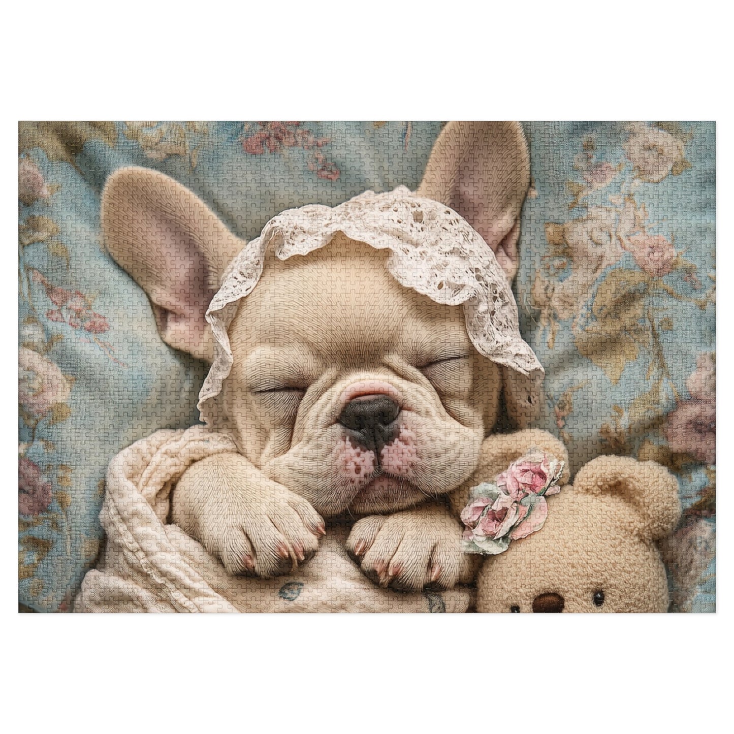 French Bulldog in Baby Bonnet: "Dreamy Slumber" | Jigsaw Puzzle with Tin | Puppy Love Edition™